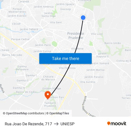 Rua Joao De Rezende, 717 to UNIESP map