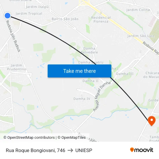 Rua Roque Bongiovani, 746 to UNIESP map