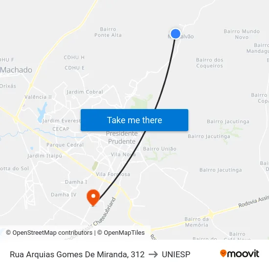 Rua Arquias Gomes De Miranda, 312 to UNIESP map