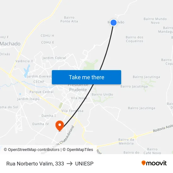 Rua Norberto Valim, 333 to UNIESP map