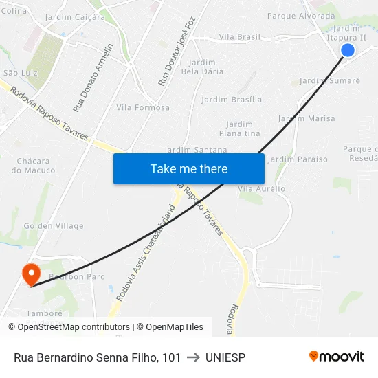 Rua Bernardino Senna Filho, 101 to UNIESP map