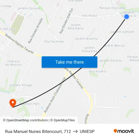 Rua Manuel Nunes Bitencourt, 712 to UNIESP map