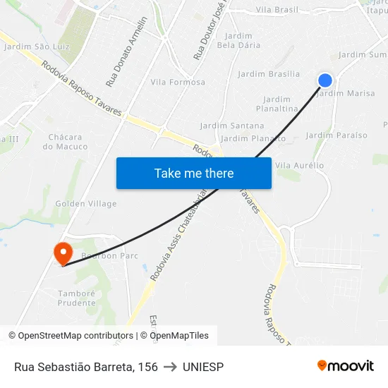 Rua Sebastião Barreta, 156 to UNIESP map