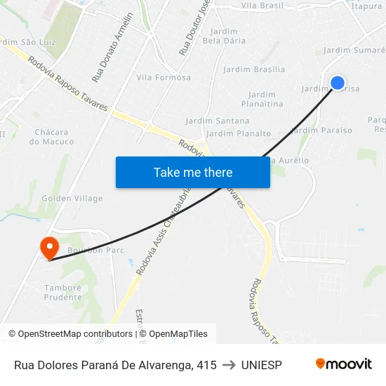 Rua Dolores Paraná De Alvarenga, 415 to UNIESP map