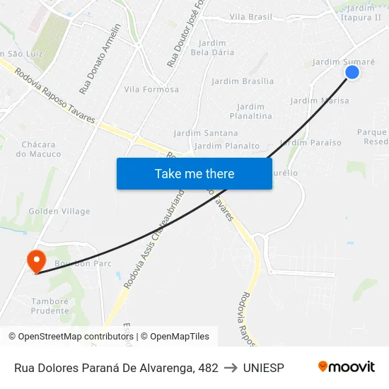 Rua Dolores Paraná De Alvarenga, 482 to UNIESP map