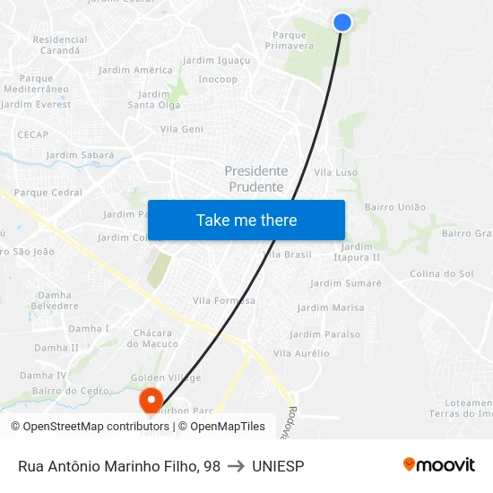 Rua Antônio Marinho Filho, 98 to UNIESP map