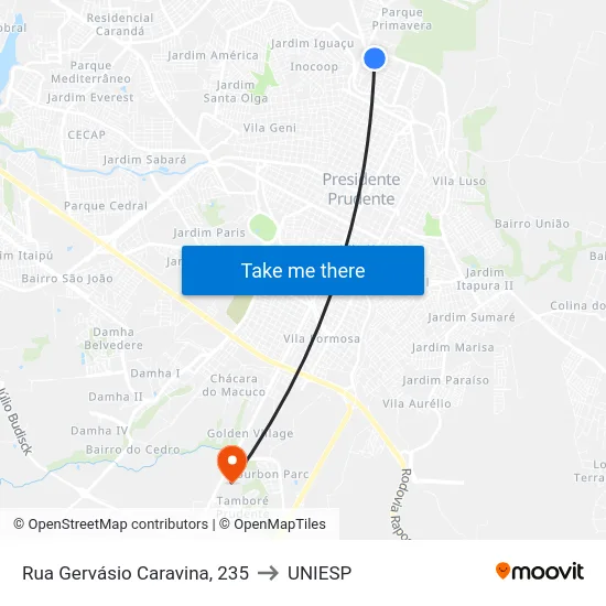 Rua Gervásio Caravina, 235 to UNIESP map