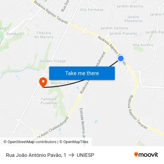 Rua João Antônio Pavão, 1 to UNIESP map