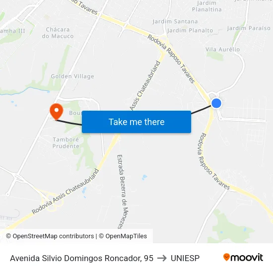 Avenida Silvio Domingos Roncador, 95 to UNIESP map