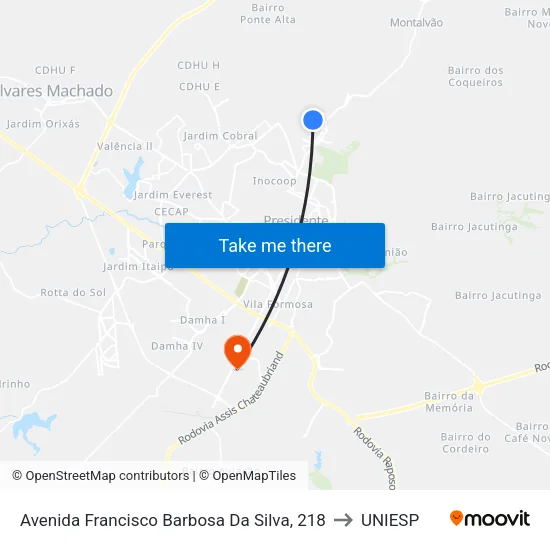 Avenida Francisco Barbosa Da Silva, 218 to UNIESP map
