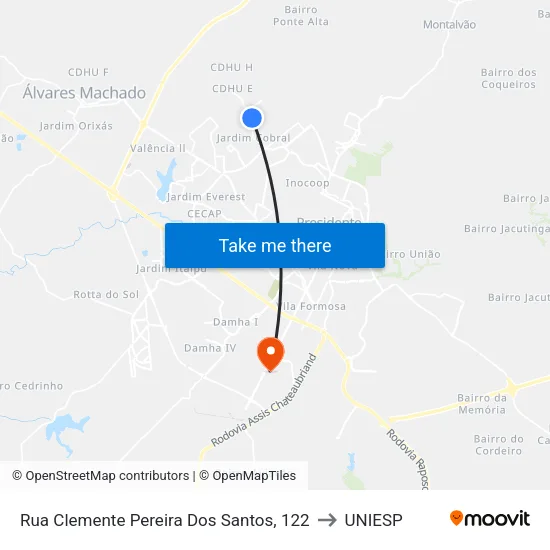 Rua Clemente Pereira Dos Santos, 122 to UNIESP map