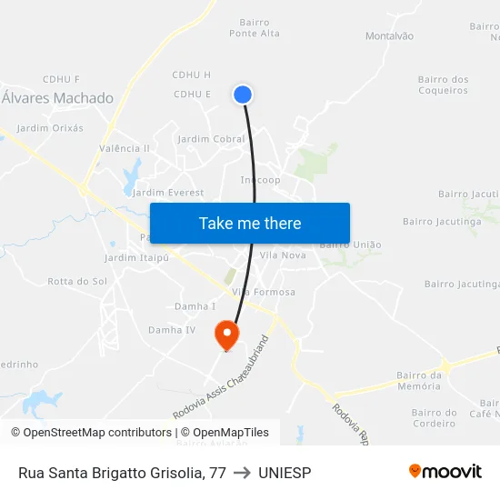 Rua Santa Brigatto Grisolia, 77 to UNIESP map