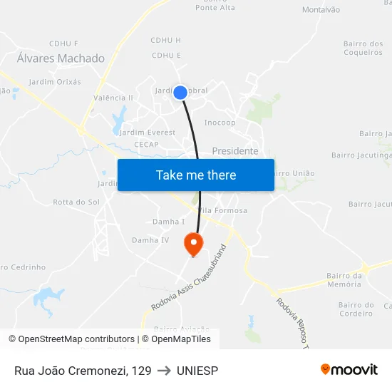 Rua João Cremonezi, 129 to UNIESP map