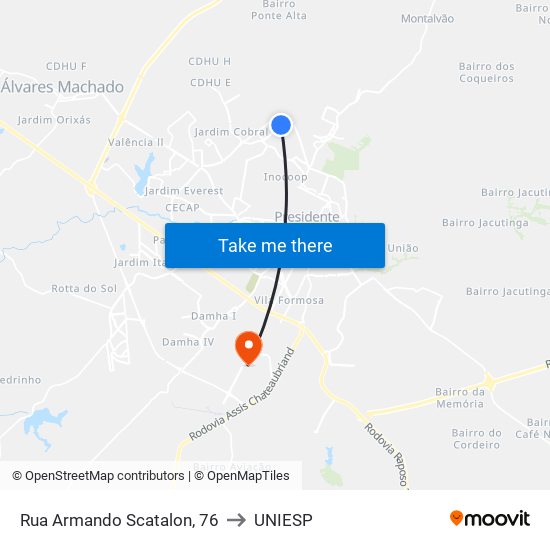 Rua Armando Scatalon, 76 to UNIESP map