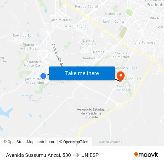 Avenida Sussumu Anzaí, 530 to UNIESP map