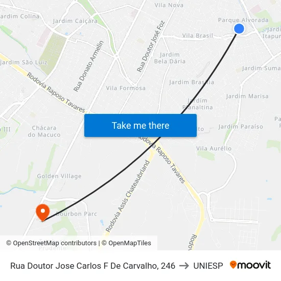 Rua Doutor Jose Carlos F De Carvalho, 246 to UNIESP map