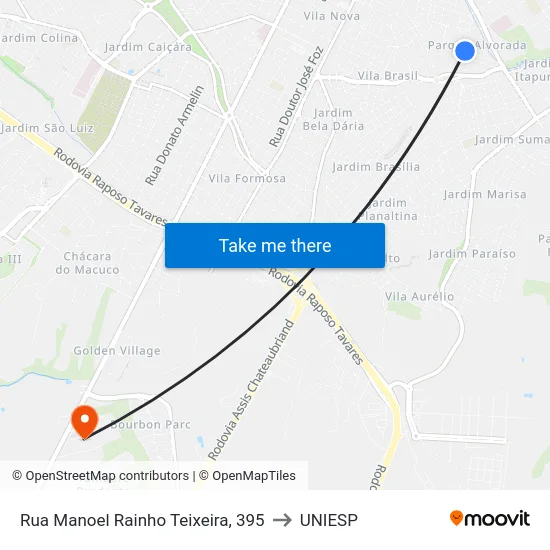 Rua Manoel Rainho Teixeira, 395 to UNIESP map
