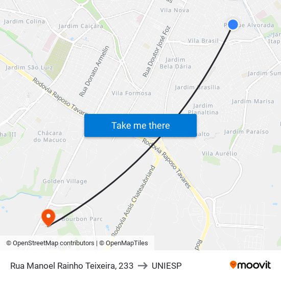 Rua Manoel Rainho Teixeira, 233 to UNIESP map