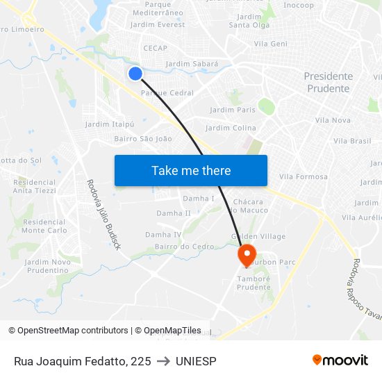 Rua Joaquim Fedatto, 225 to UNIESP map