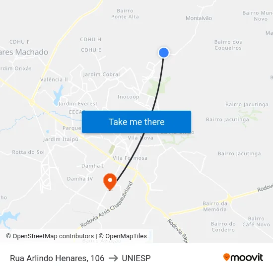 Rua Arlindo Henares, 106 to UNIESP map