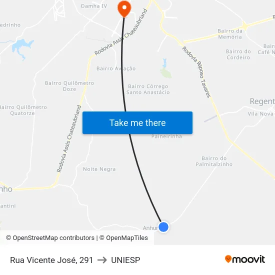 Rua Vicente José, 291 to UNIESP map