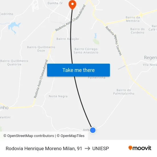 Rodovia Henrique Moreno Milan, 91 to UNIESP map