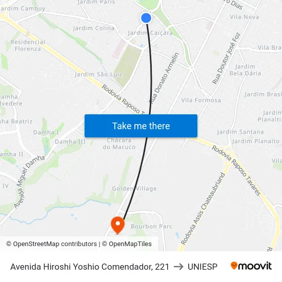 Avenida Hiroshi Yoshio Comendador, 221 to UNIESP map