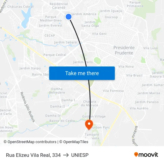 Rua Elizeu Vila Real, 334 to UNIESP map