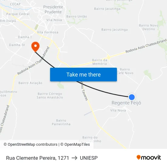 Rua Clemente Pereira, 1271 to UNIESP map