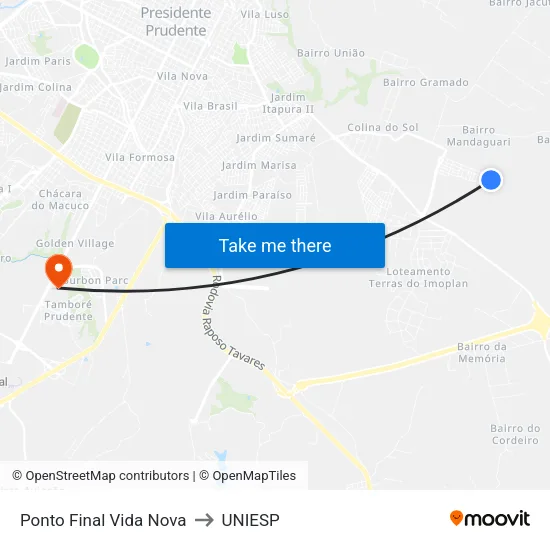 Ponto Final Vida Nova to UNIESP map