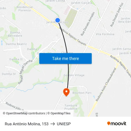 Rua Antônio Molina, 153 to UNIESP map