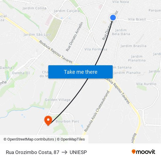 Rua Orozimbo Costa, 87 to UNIESP map