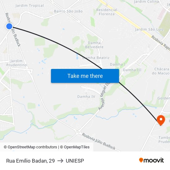 Rua Emílio Badan, 29 to UNIESP map