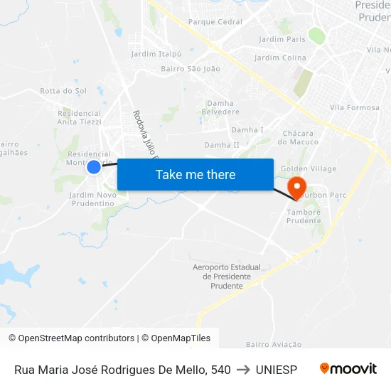 Rua Maria José Rodrigues De Mello, 540 to UNIESP map