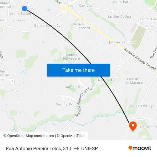 Rua Antônio Pereira Teles, 310 to UNIESP map