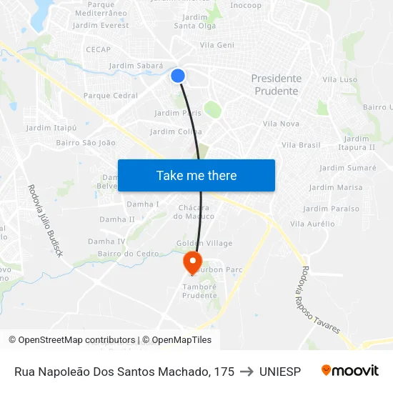 Rua Napoleão Dos Santos Machado, 175 to UNIESP map