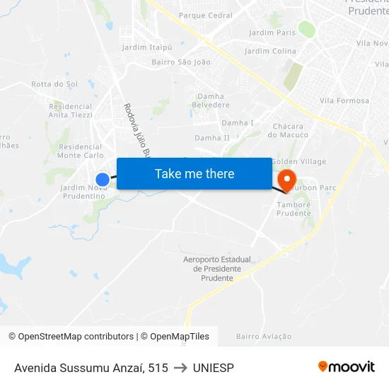 Avenida Sussumu Anzaí, 515 to UNIESP map