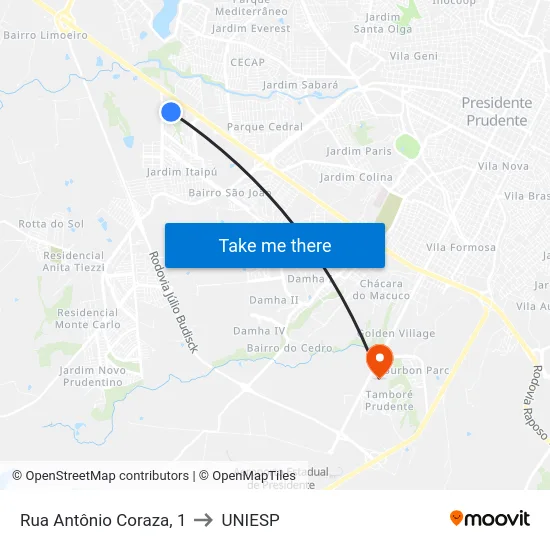 Rua Antônio Coraza, 1 to UNIESP map