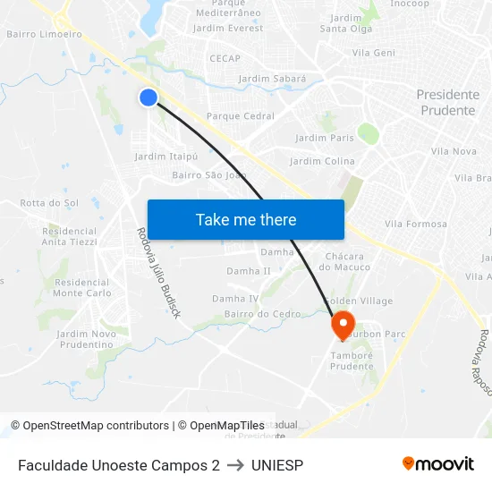 Faculdade Unoeste Campos 2 to UNIESP map