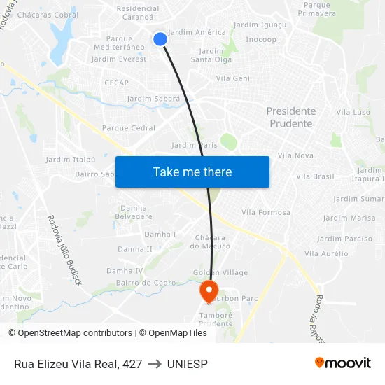 Rua Elizeu Vila Real, 427 to UNIESP map