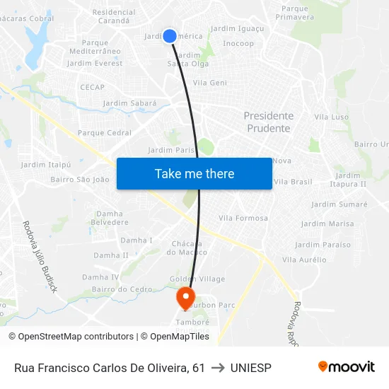 Rua Francisco Carlos De Oliveira, 61 to UNIESP map