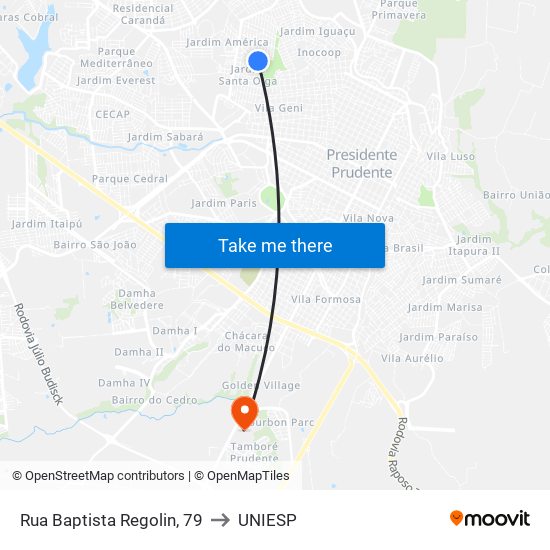 Rua Baptista Regolin, 79 to UNIESP map