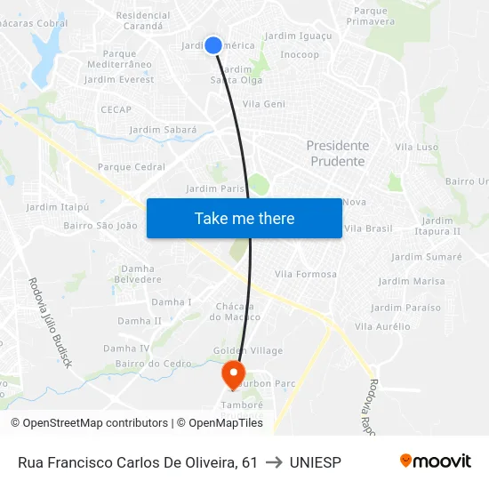 Rua Francisco Carlos De Oliveira, 61 to UNIESP map