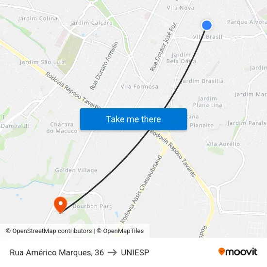 Rua Américo Marques, 36 to UNIESP map