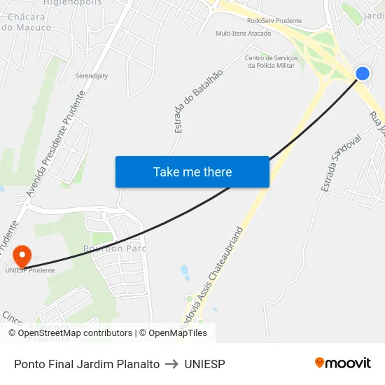 Ponto Final Jardim Planalto to UNIESP map