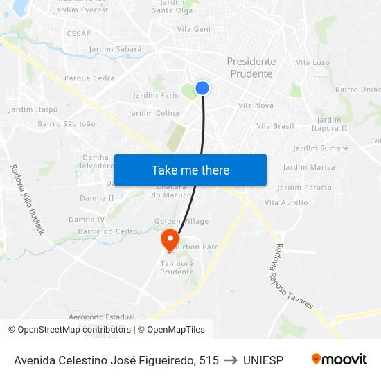 Avenida Celestino José Figueiredo, 515 to UNIESP map