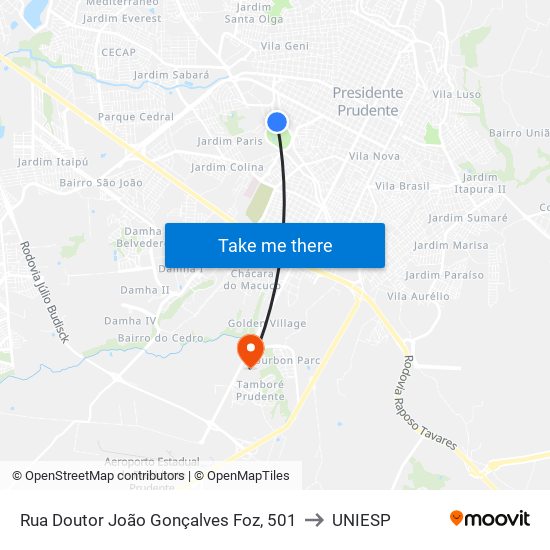 Rua Doutor João Gonçalves Foz, 501 to UNIESP map