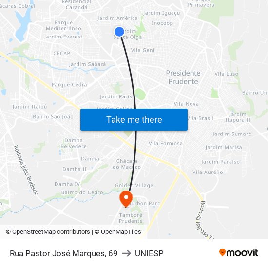 Rua Pastor José Marques, 69 to UNIESP map