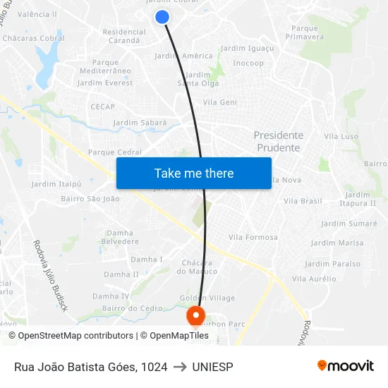 Rua João Batista Góes, 1024 to UNIESP map