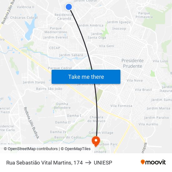 Rua Sebastião Vital Martins, 174 to UNIESP map